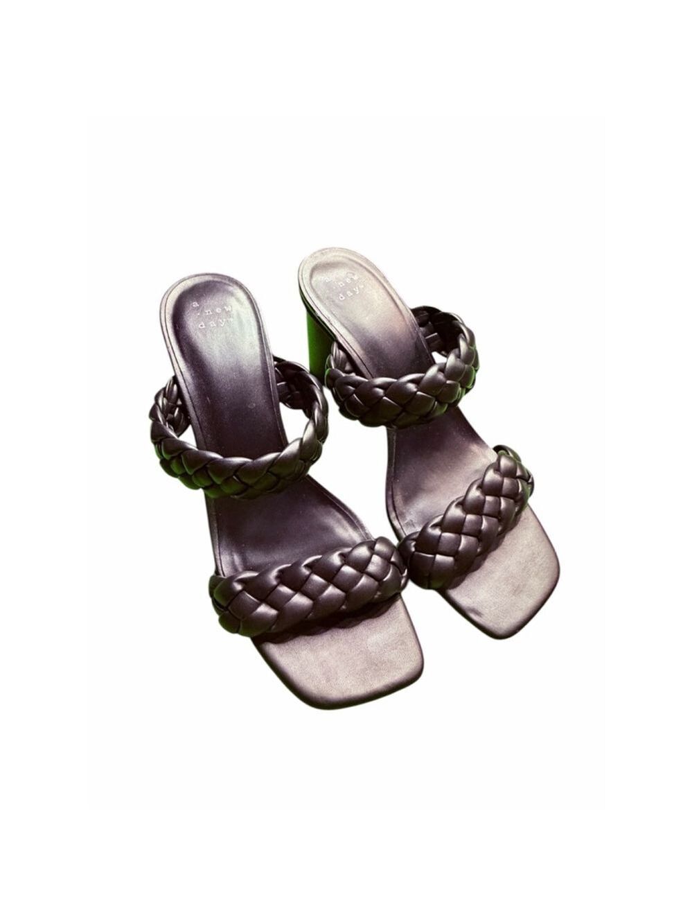 A New Day Black Braided Strap Heeled Sandals Size 9 Block Heel Slip On